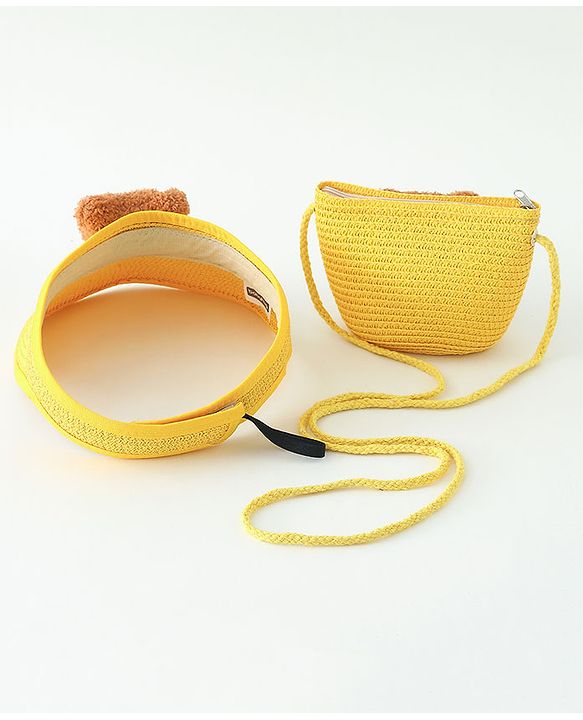 Babyhug Straw Hat With Bear Applique & Purse  Yellow - Diameter 48 cm