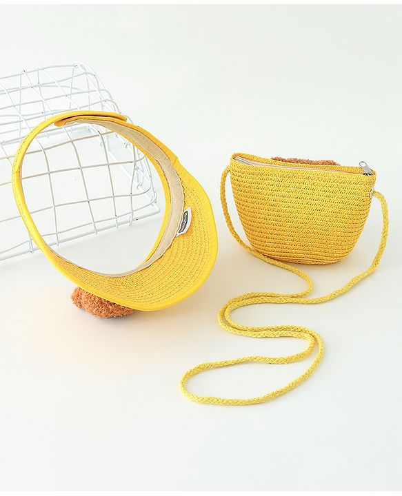 Babyhug Straw Hat With Bear Applique & Purse  Yellow - Diameter 48 cm