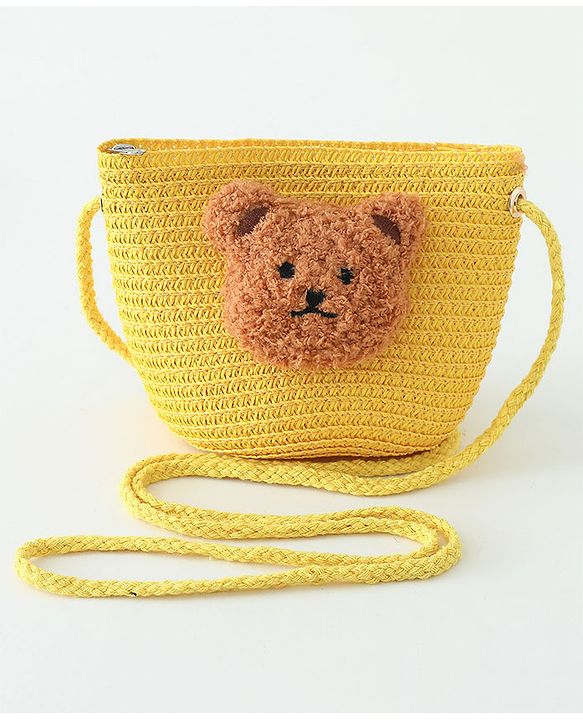 Babyhug Straw Hat With Bear Applique & Purse  Yellow - Diameter 48 cm