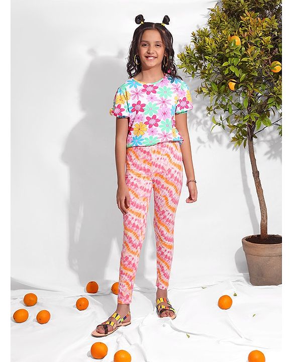 Pine Kids Ankle Length Solid & Tie Dye Print Leggings Pack Of 2 - White & Orange