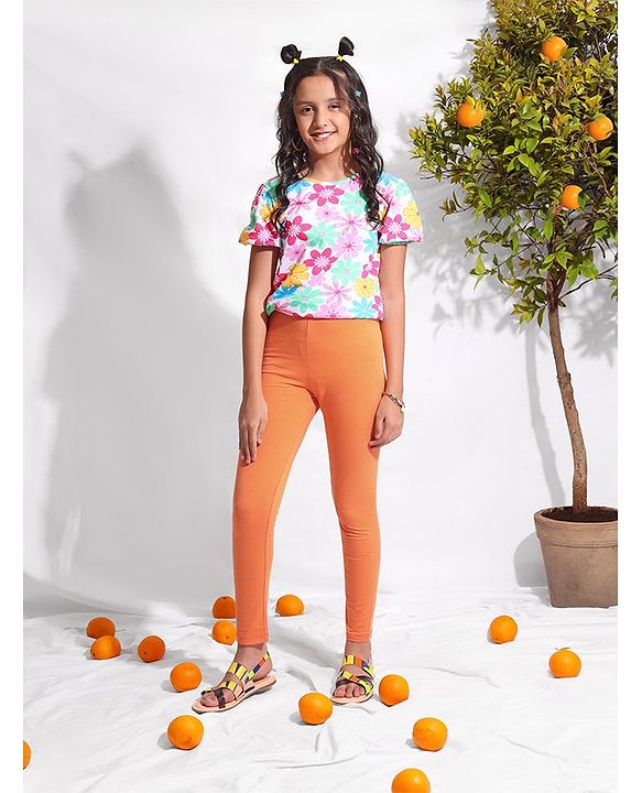 Pine Kids Ankle Length Solid & Tie Dye Print Leggings Pack Of 2 - White & Orange