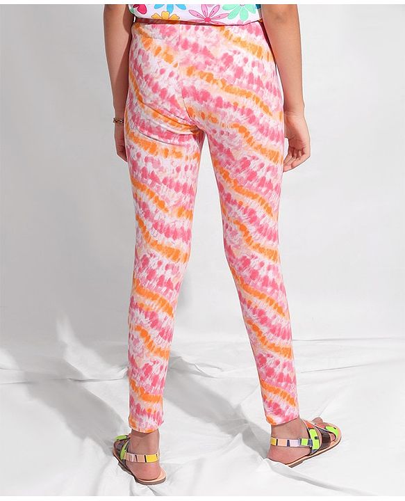 Pine Kids Ankle Length Solid & Tie Dye Print Leggings Pack Of 2 - White & Orange