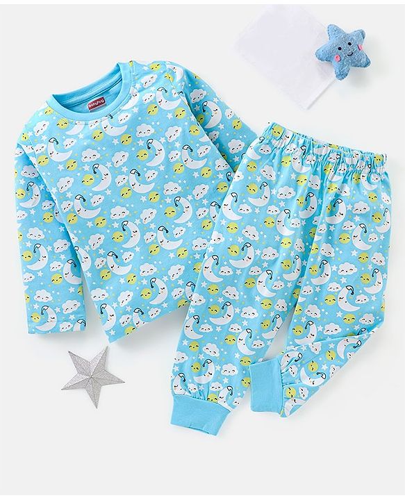 Babyhug Cotton Full Sleeves Night Suit Cloud & Moon Print- Blue