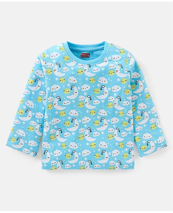 Babyhug Cotton Full Sleeves Night Suit Cloud & Moon Print- Blue