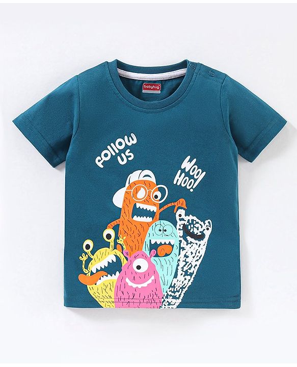 Babyhug Half Sleeves T-Shirt Monster Print - Blue