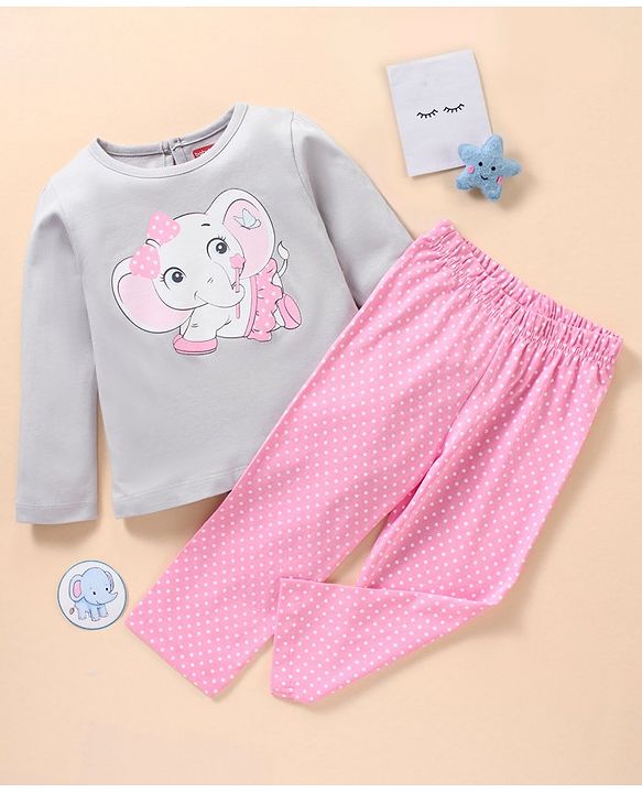Babyhug Cotton Full Sleeves Night Suit Elephant & Dot Print- Grey Pink
