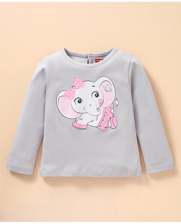 Babyhug Cotton Full Sleeves Night Suit Elephant & Dot Print- Grey Pink