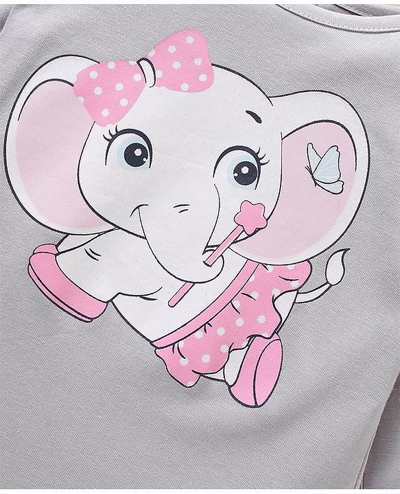 Babyhug Cotton Full Sleeves Night Suit Elephant & Dot Print- Grey Pink