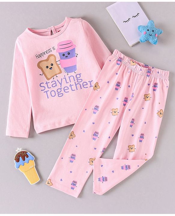 Babyhug 100% Cotton Full Sleeves Night Suit Text Print - Pink