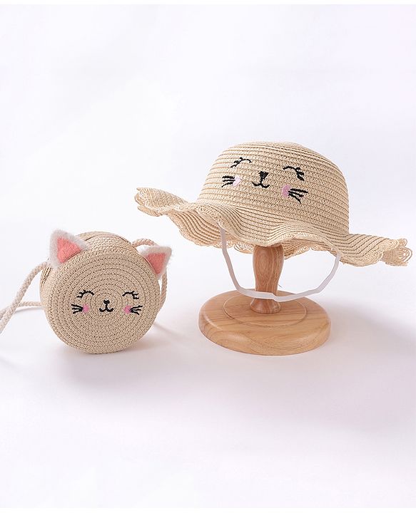 Babyhug Straw Hat With Bow & Purse - Brown & Pink