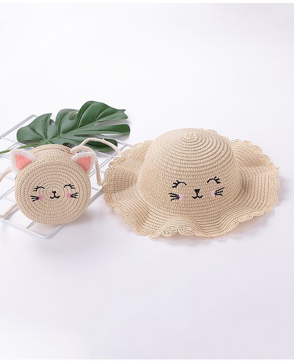 Babyhug Straw Hat With Bow & Purse - Brown & Pink