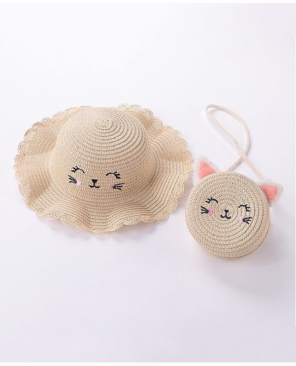 Babyhug Straw Hat With Bow & Purse - Brown & Pink