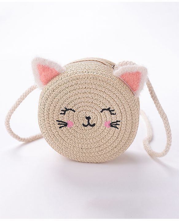 Babyhug Straw Hat With Bow & Purse - Brown & Pink