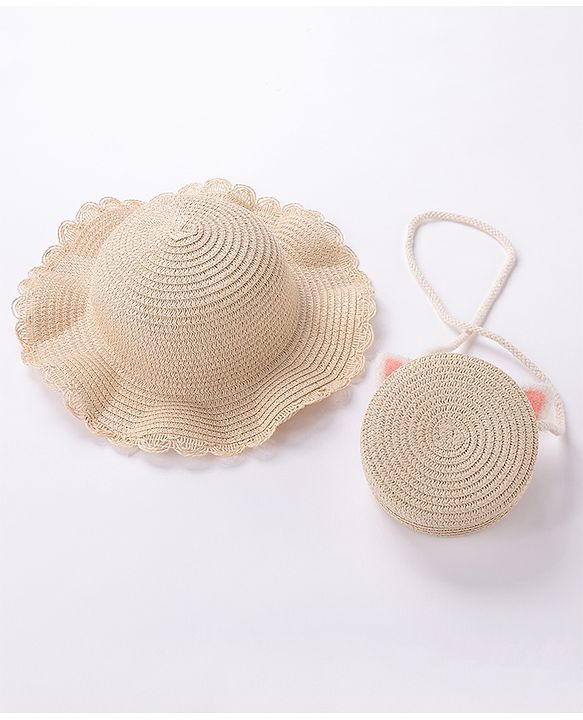 Babyhug Straw Hat With Bow & Purse - Brown & Pink