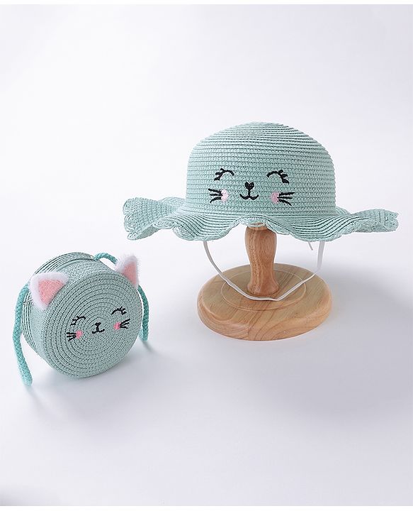 Babyhug Straw Hat With Bow & Purse - Blue & Pink