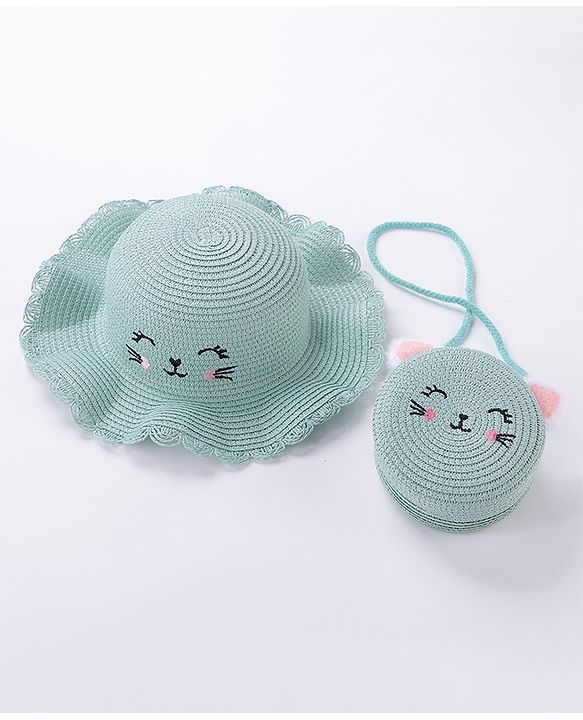 Babyhug Straw Hat With Bow & Purse - Blue & Pink