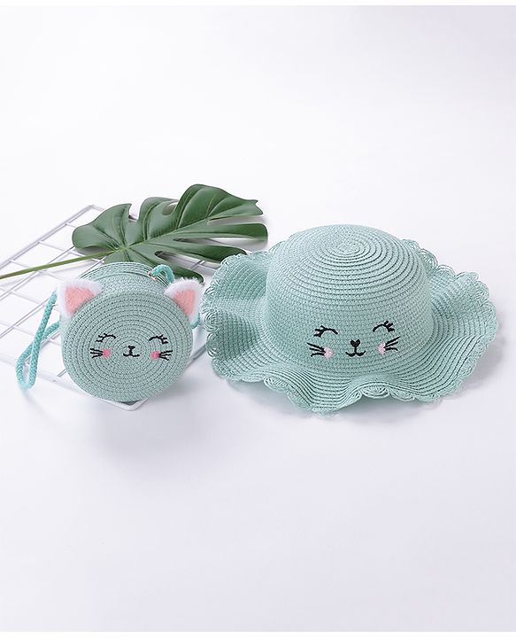 Babyhug Straw Hat With Bow & Purse - Blue & Pink