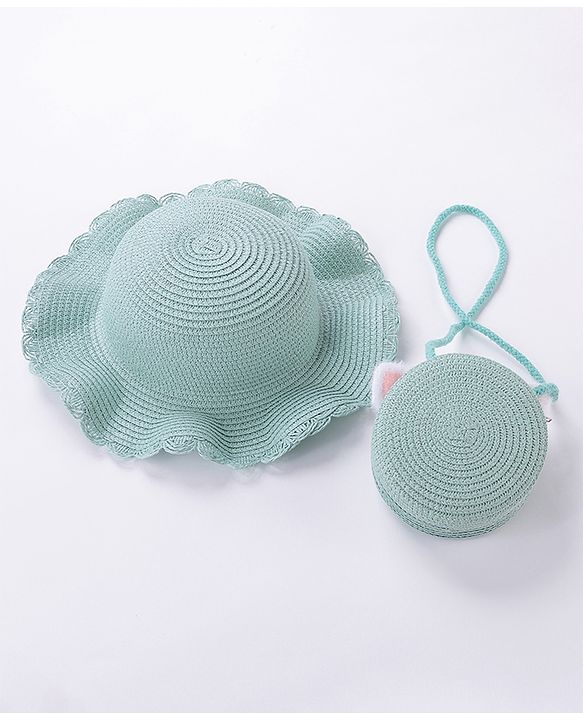 Babyhug Straw Hat With Bow & Purse - Blue & Pink