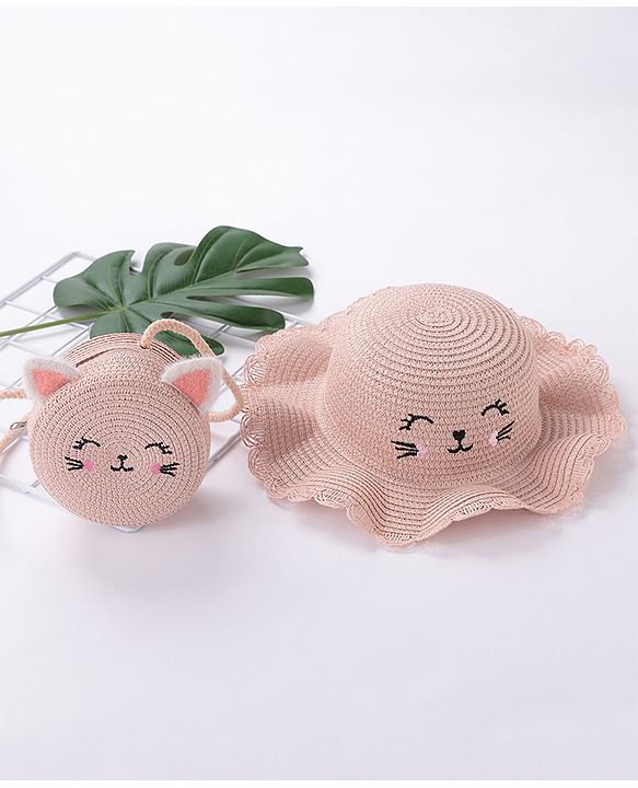 Babyhug Straw Hat With Bow & Purse - Brown & Pink