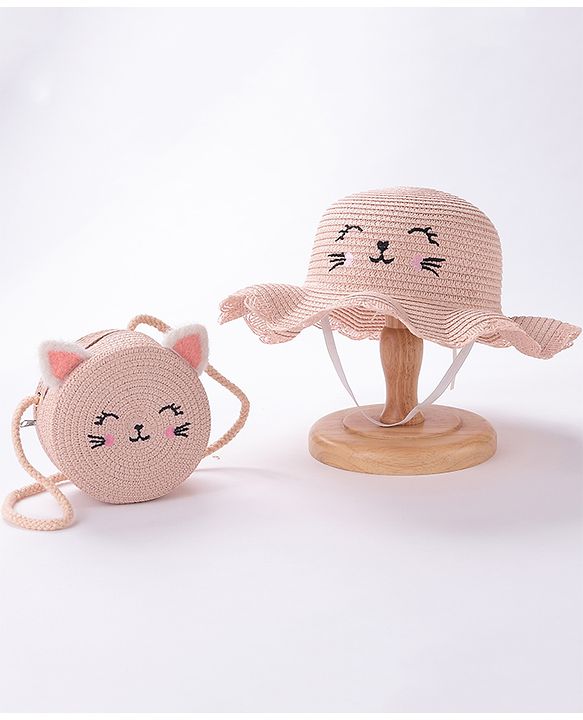 Babyhug Straw Hat With Bow & Purse - Brown & Pink