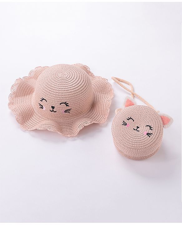 Babyhug Straw Hat With Bow & Purse - Brown & Pink