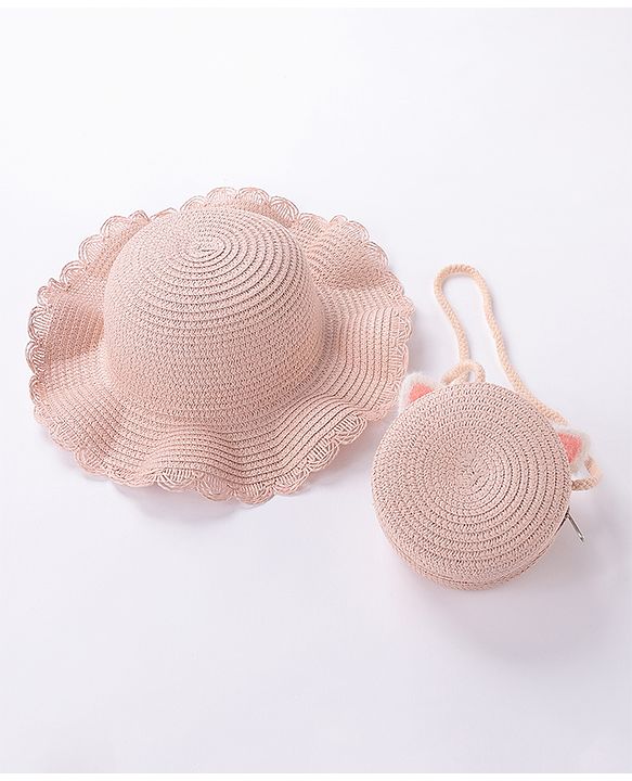 Babyhug Straw Hat With Bow & Purse - Brown & Pink