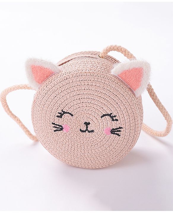 Babyhug Straw Hat With Bow & Purse - Brown & Pink