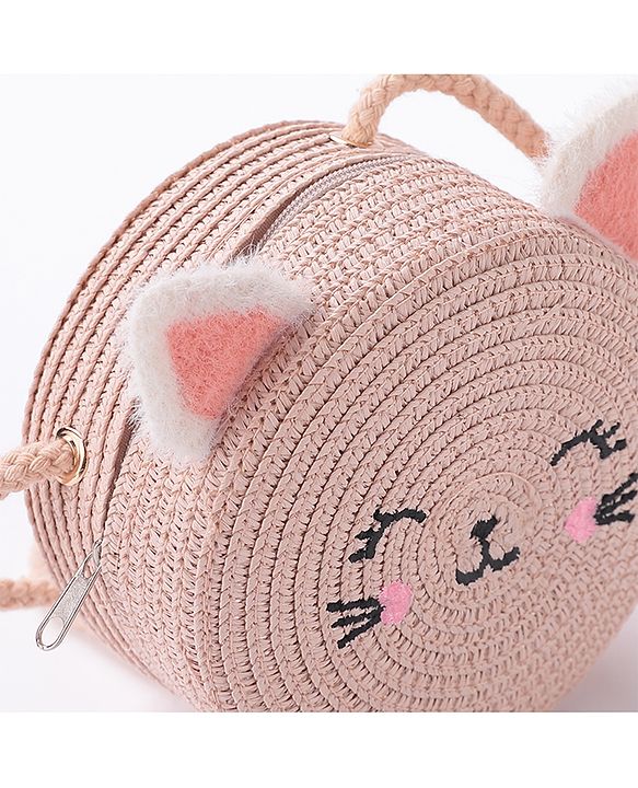 Babyhug Straw Hat With Bow & Purse - Brown & Pink