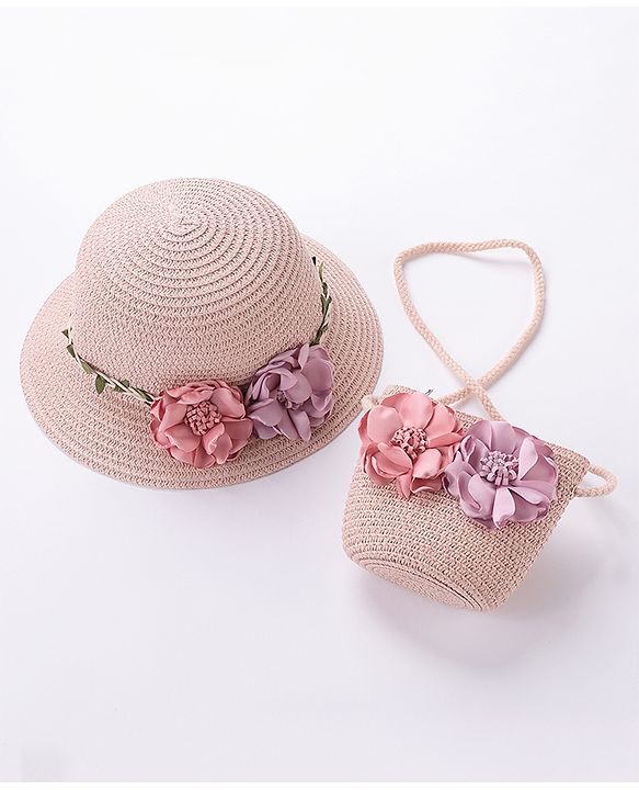 Babyhug Straw Hat With Flower & Purse - Pink