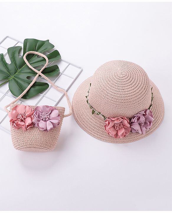 Babyhug Straw Hat With Flower & Purse - Pink