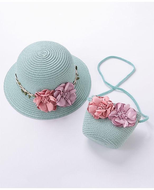Babyhug Straw Hat With Flower & Purse - Blue