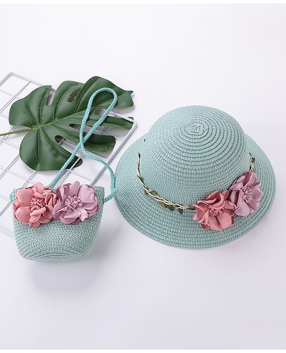 Babyhug Straw Hat With Flower & Purse - Blue