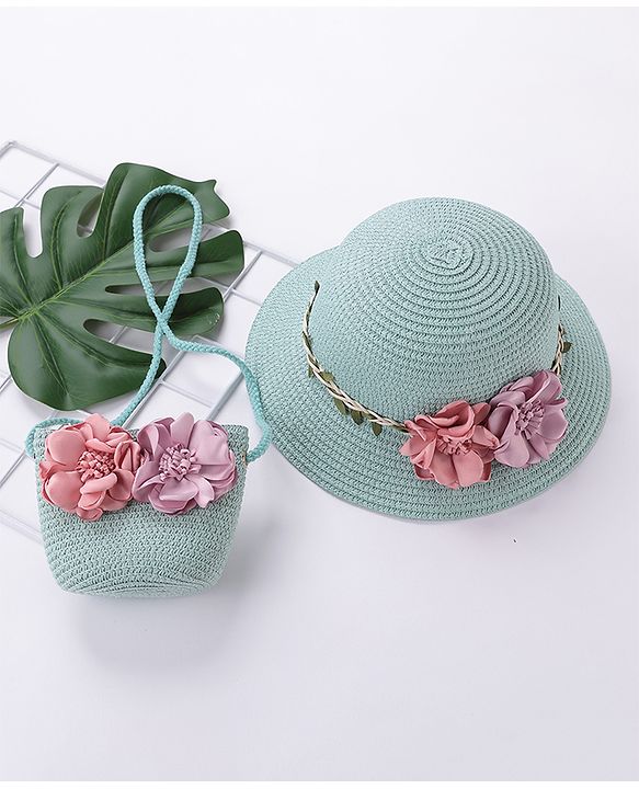 Babyhug Straw Hat With Flower & Purse - Blue
