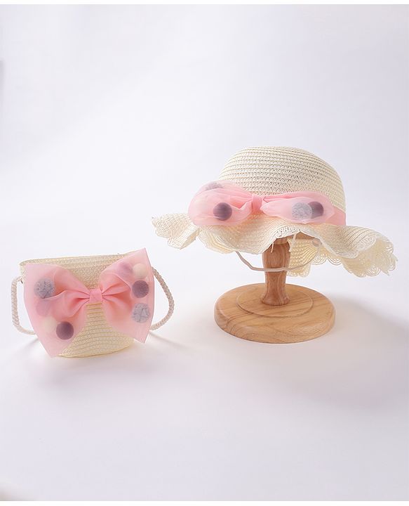 Babyhug Straw Hat With Bow & Purse - Cream