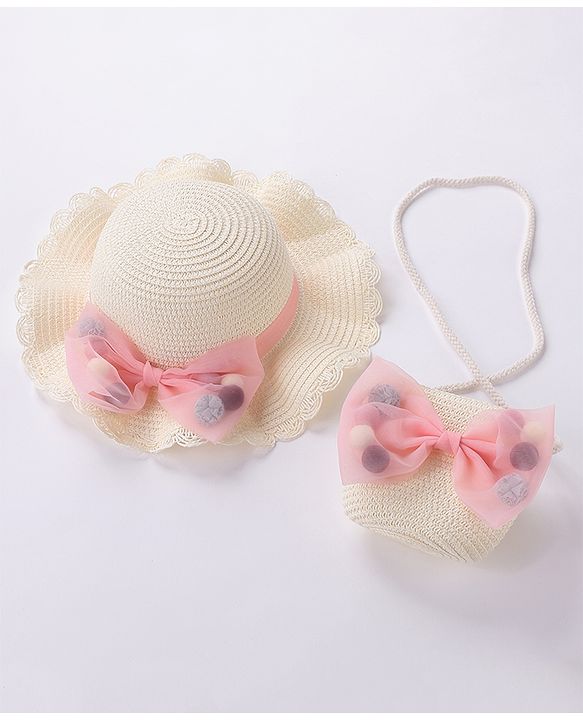 Babyhug Straw Hat With Bow & Purse - Cream