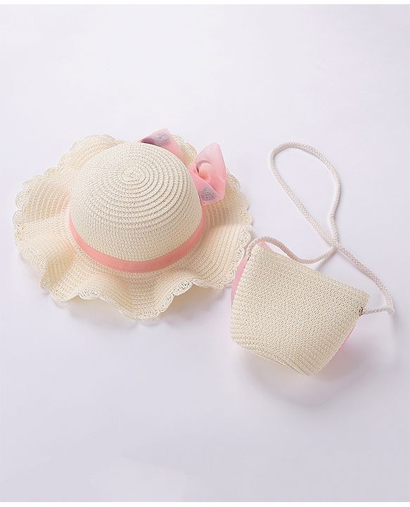 Babyhug Straw Hat With Bow & Purse - Cream