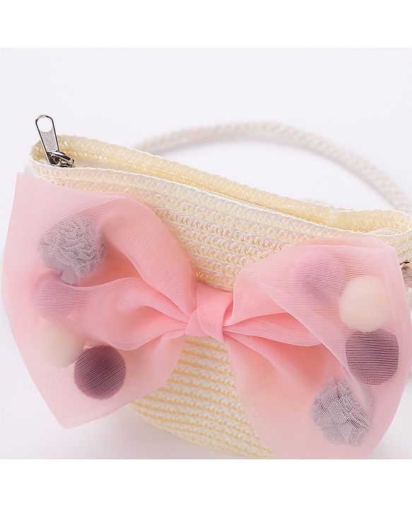 Babyhug Straw Hat With Bow & Purse - Cream