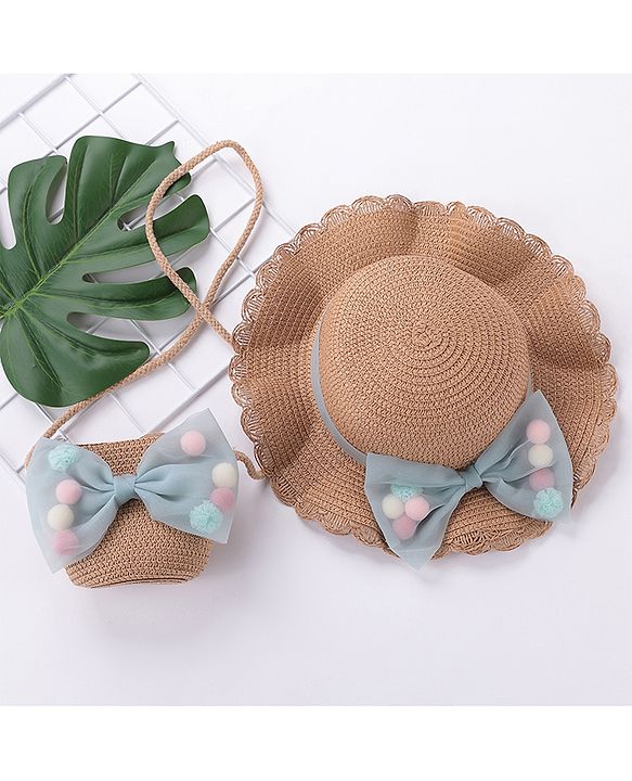 Babyhug Straw Hat With Bow & Purse - Cream