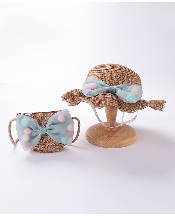 Babyhug Straw Hat With Bow & Purse - Cream