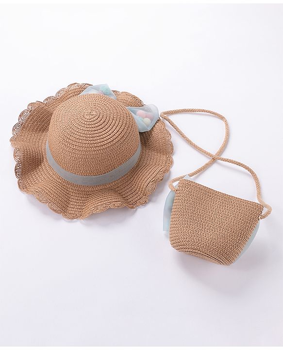 Babyhug Straw Hat With Bow & Purse - Cream