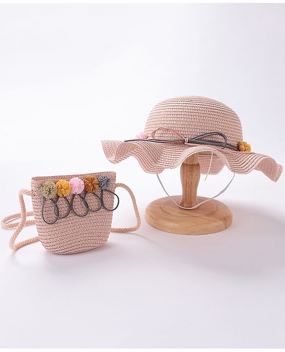 Babyhug Straw Hat With Pom Pom Applique & Purse - Pink