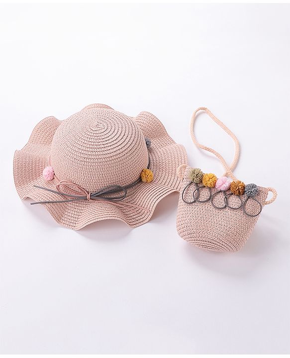 Babyhug Straw Hat With Pom Pom Applique & Purse - Pink