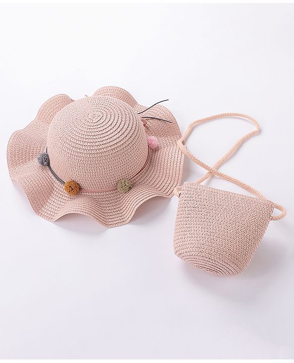 Babyhug Straw Hat With Pom Pom Applique & Purse - Pink