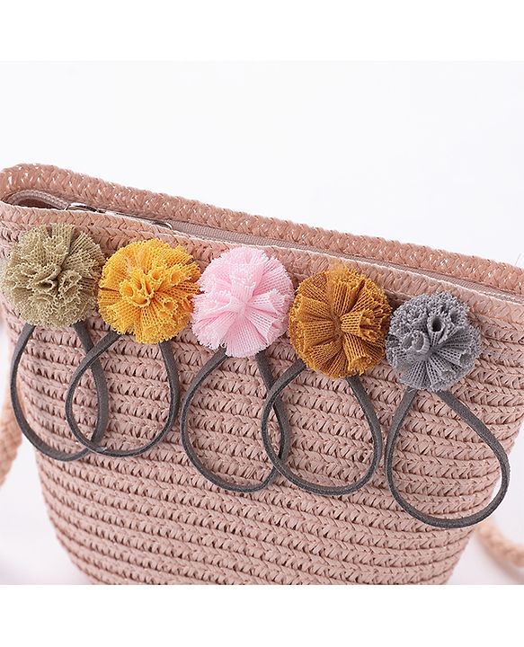 Babyhug Straw Hat With Pom Pom Applique & Purse - Pink
