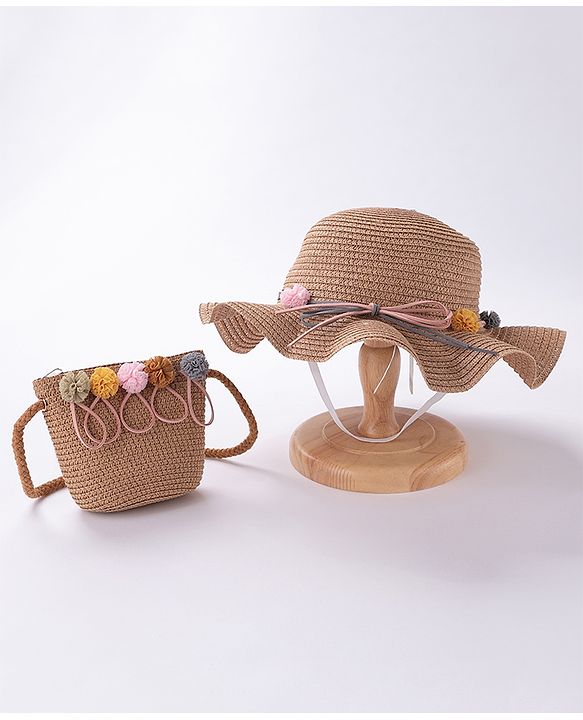 Babyhug Straw Hat With With Pom Pom Applique & Purse - Brown