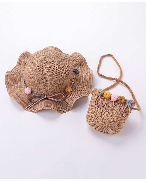 Babyhug Straw Hat With With Pom Pom Applique & Purse - Brown