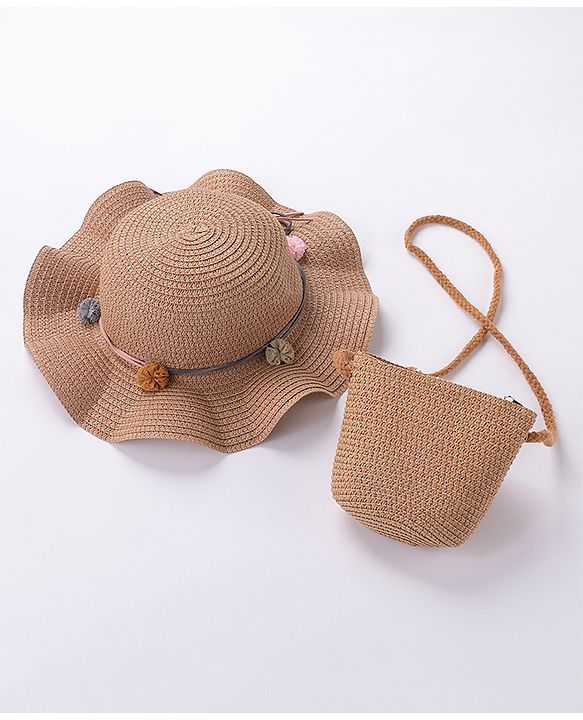 Babyhug Straw Hat With With Pom Pom Applique & Purse - Brown