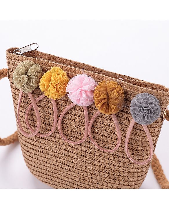 Babyhug Straw Hat With With Pom Pom Applique & Purse - Brown