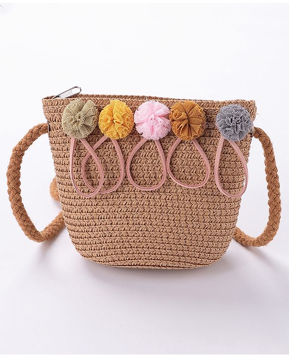 Babyhug Straw Hat With With Pom Pom Applique & Purse - Brown