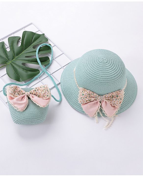 Babyhug Straw Hat With Bow & Purse - Mint Blue
